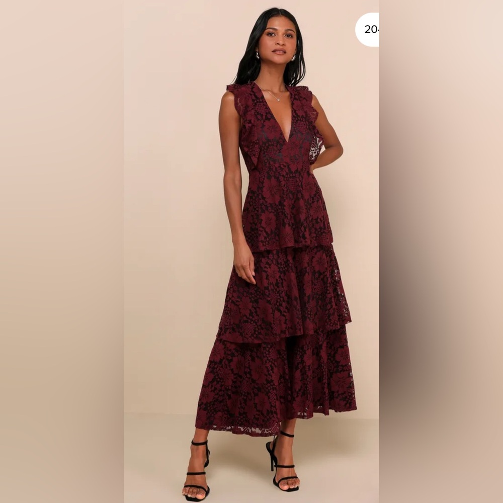 Lulu's Molinetto Burgundy Lace Tiered Maxi Dress